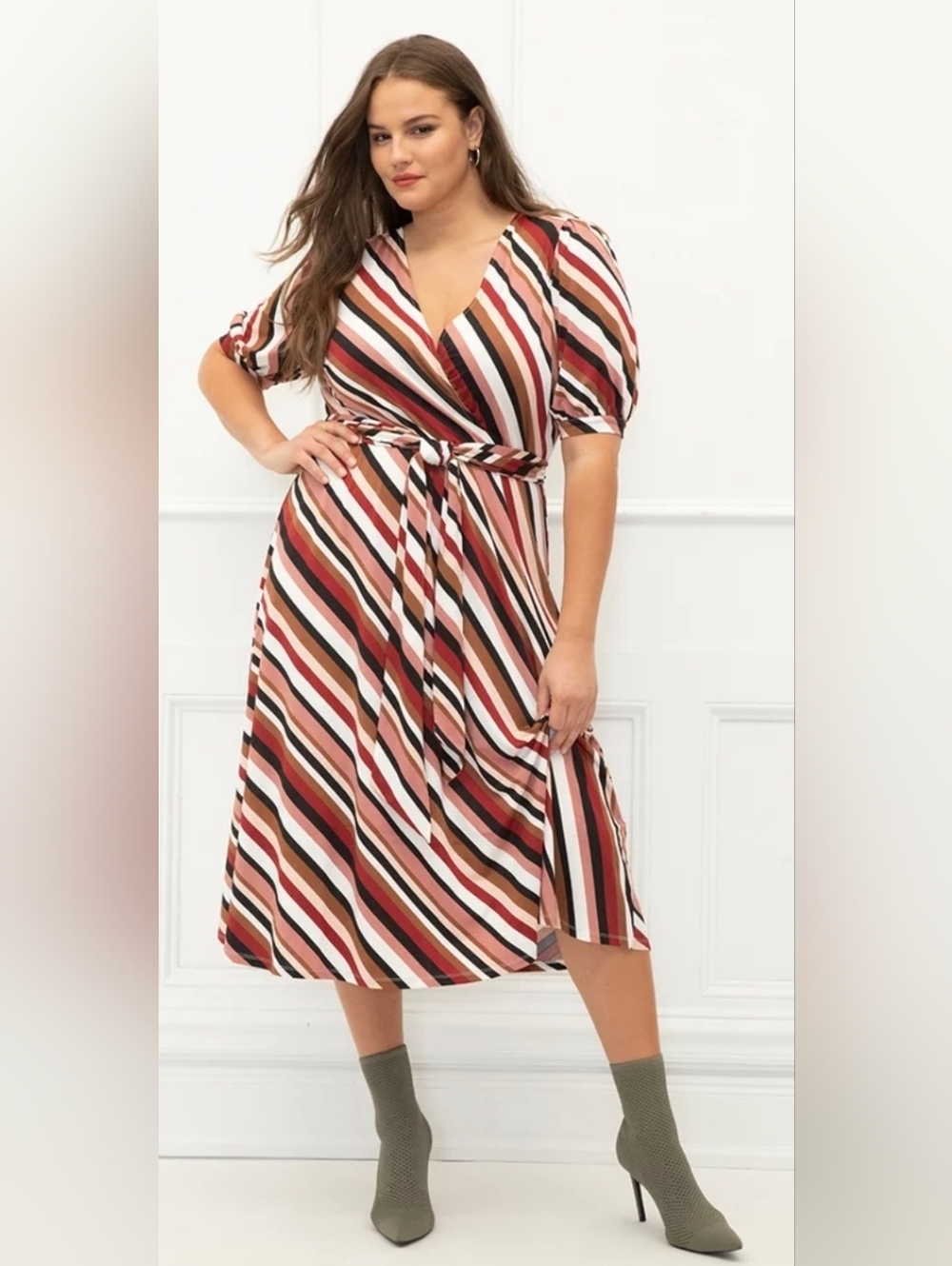 Eloquii Diagonal Striped Faux Wrap Dress
